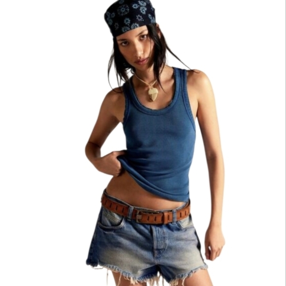 Free People Rowan Tank We The Free Small Blue Tank Top Crochet Lace Trim - Picture 1 of 14